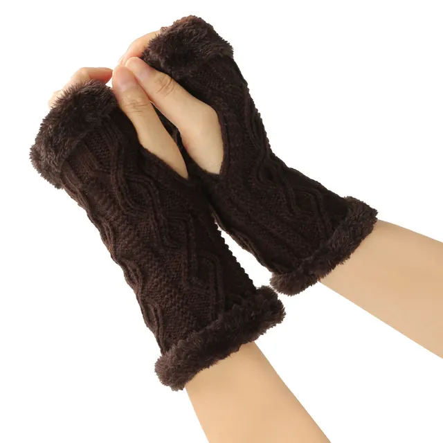 Rhombus Short Knitted Plus Fluff Thick Gloves Coffee 5 - Shop at LoveMi