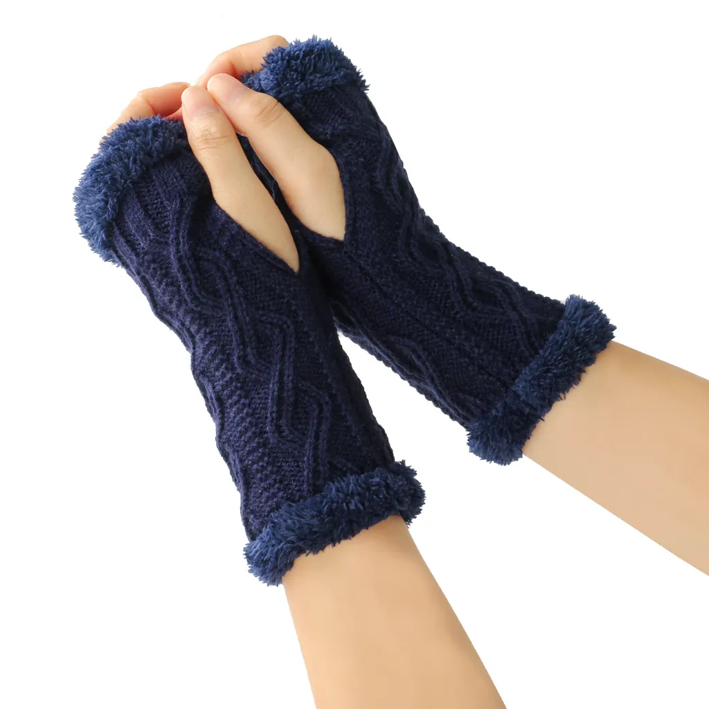 Rhombus Short Knitted Plus Fluff Thick Gloves - Dark Blue 6