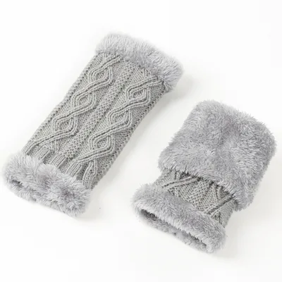 Rhombus Short Knitted Plus Fluff Thick Gloves Light Gray 4 - Shop at LoveMi
