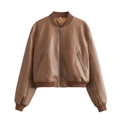 Women's Stand Collar Motorcycle Pilot Jacket Caramel - Shop at LoveMi