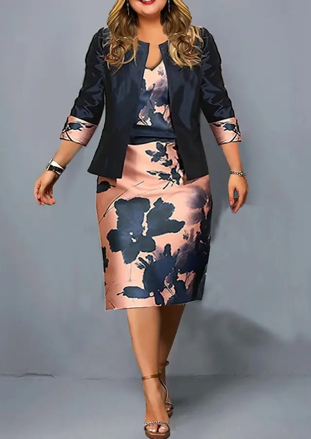 Two piece Short Three quarter Sleeve Top Large Size Women's Hip Skirt Black Pink - Shop at LoveMi