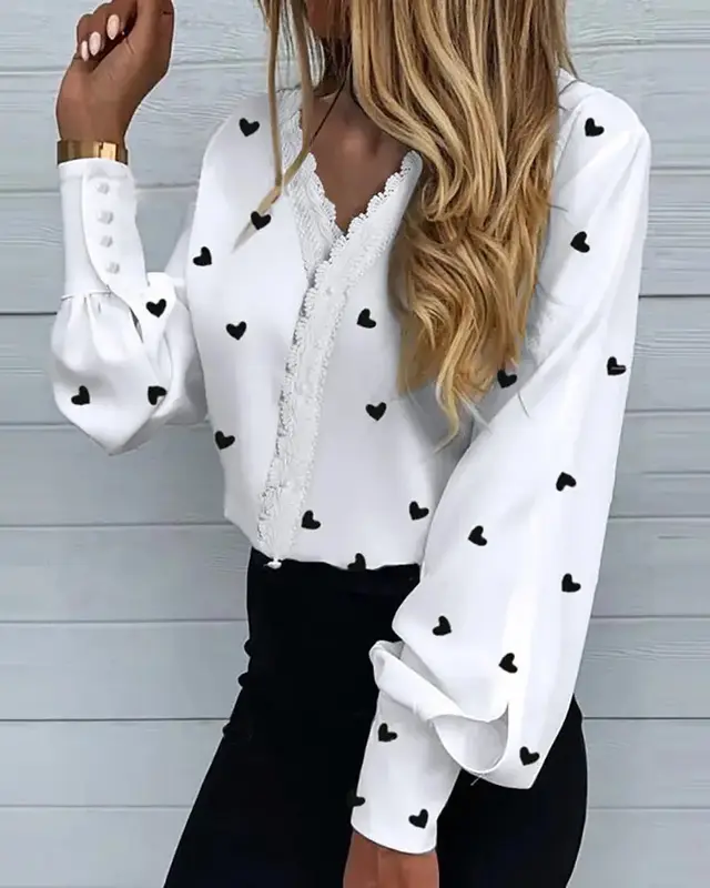 Women's Fashionable Printed Lace Casual Shirt Heart Printing - Shop at LoveMi