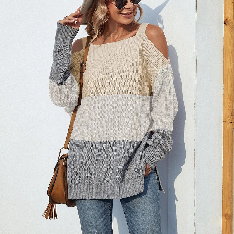 Contrast Color Off the shoulder Split Sling Sweater Striped Blue - Shop at LoveMi