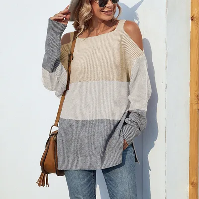 Contrast Color Off the shoulder Split Sling Sweater Striped Card M - Shop at LoveMi