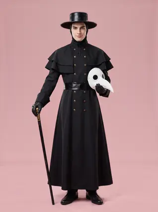 Plague Doctor Costume with Hat and Beak Mask for Men - Black