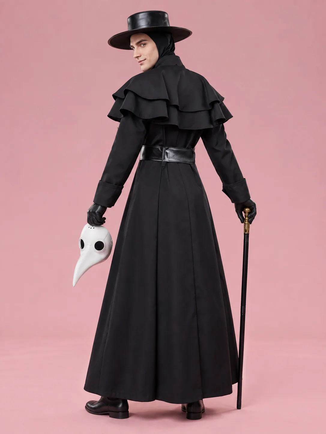 Plague Doctor Costume with Hat and Beak Mask for Men - Black - View 2