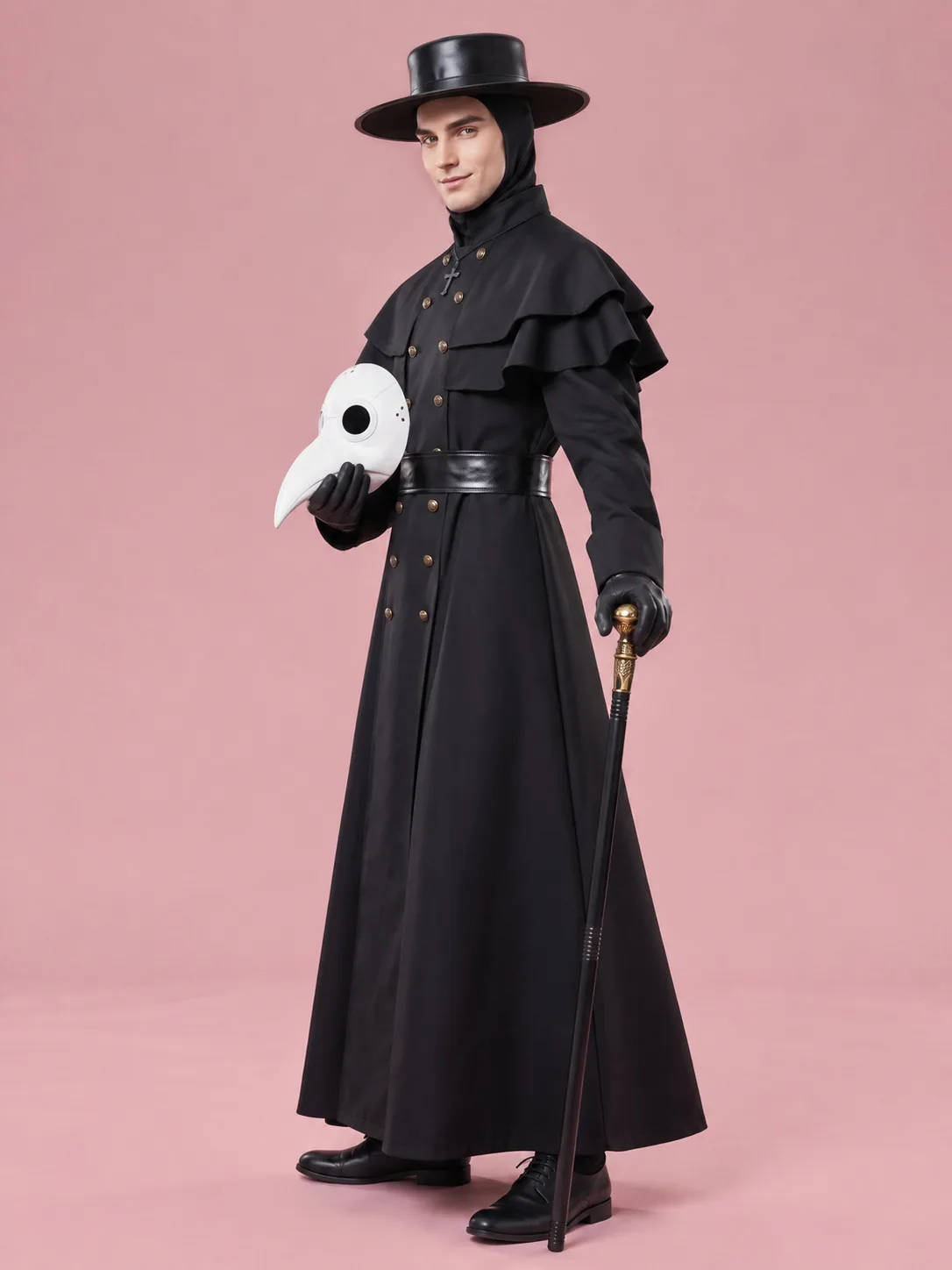Plague Doctor Costume with Hat and Beak Mask for Men - Black - View 3