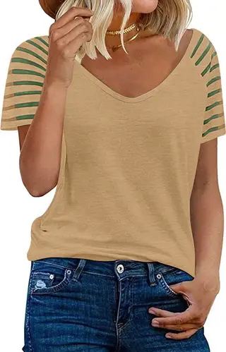 Summer V-neck Mesh Shirt Solid Colour Short Sleeve Casual Loose-fitting T-shirt Women - Khaki
