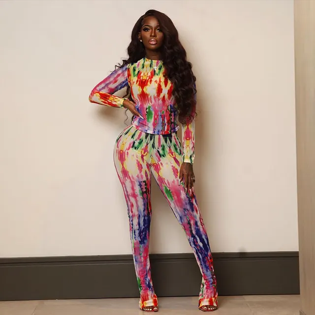 New Fashion Mesh Printed Tight Top And Trousers Casual Suit Pink - Shop at LoveMi