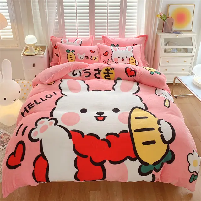 Large Version Milk Fiber Four piece Set Autumn And Winter Thickening Cute Rabbit - Shop at LoveMi