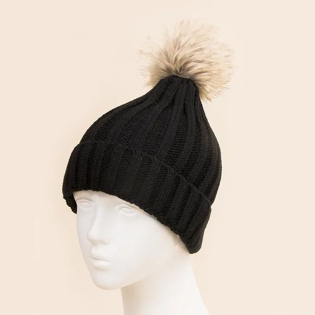 Women's Thermal Fur Ball Fashionable Knitted Pullover Klein Blue Woolen Cap Black - Shop at LoveMi