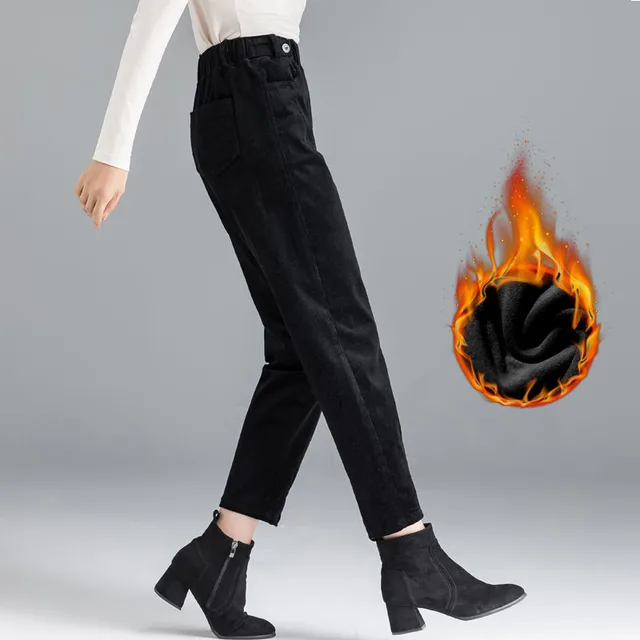 Elegant Striped Pants Tapered Corduroy Women Black Plus Velvet - Shop at LoveMi