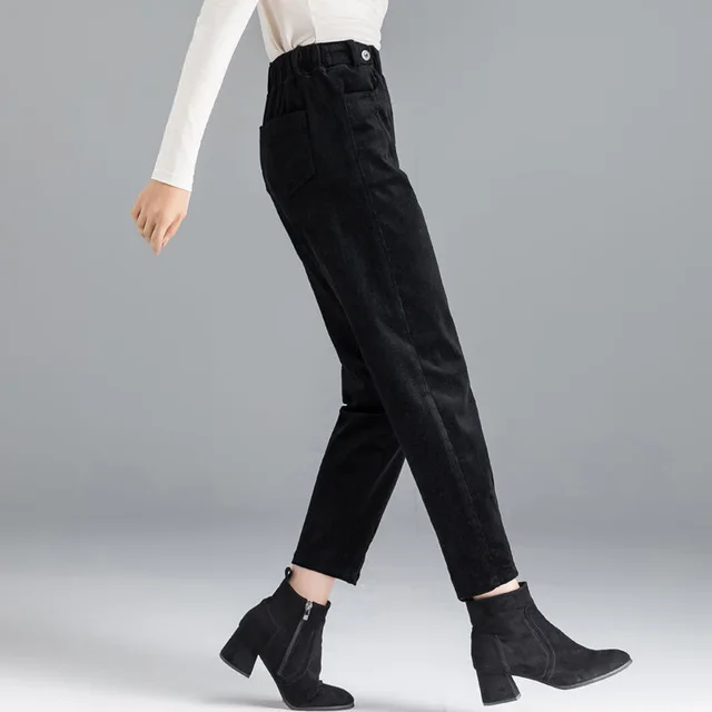 Elegant Striped Pants Tapered Corduroy Women Black Regular Single - Shop at LoveMi