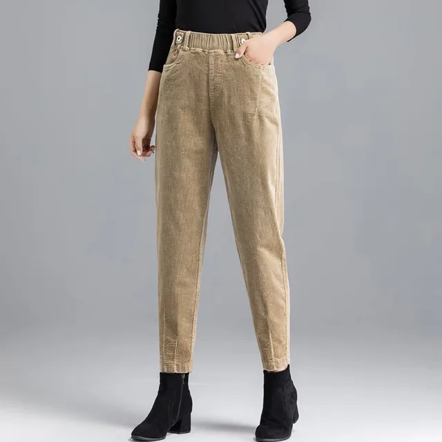 Elegant Striped Pants Tapered Corduroy Women Khaki Regular Single - Shop at LoveMi