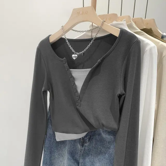 Fake Two piece Long sleeved T shirt For Women Autumn Dark Gray - Shop at LoveMi
