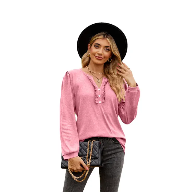 Solid V neck Button Wooden Ear Edge Long Sleeve Top Pink - Shop at LoveMi