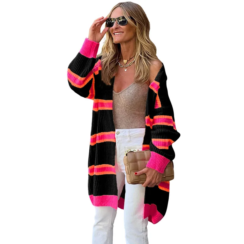 Striped Cardigan Sweater European And American Leisure Loose Knitted Coat Lc2711054 P2 - Shop at LoveMi
