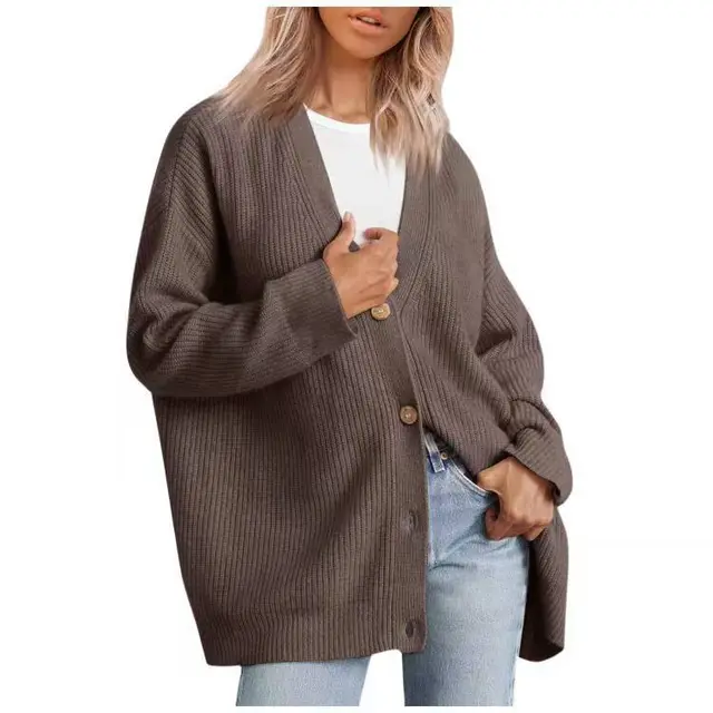 European And American Style Simple All match Knitted Button V neck Solid Color Sweater Khaki - Shop at LoveMi