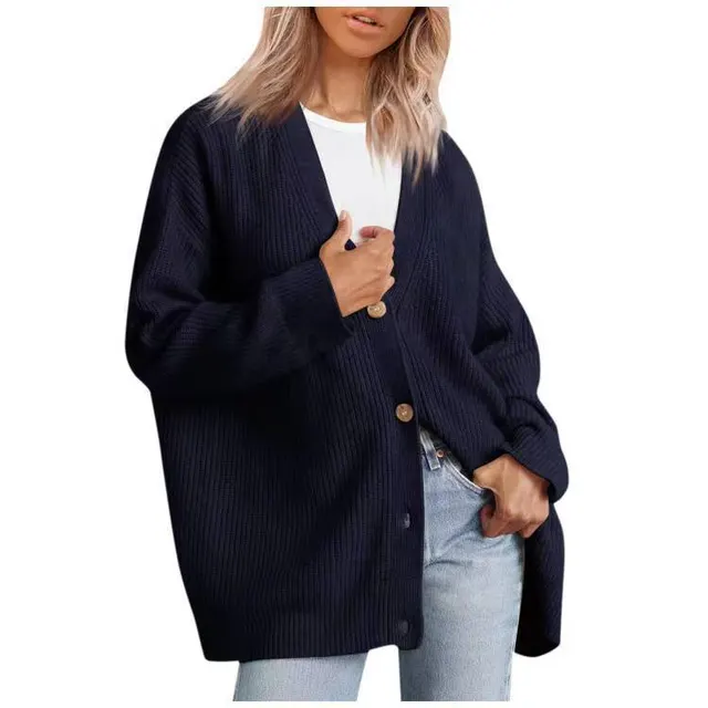 European And American Style Simple All match Knitted Button V neck Solid Color Sweater Navy Blue - Shop at LoveMi