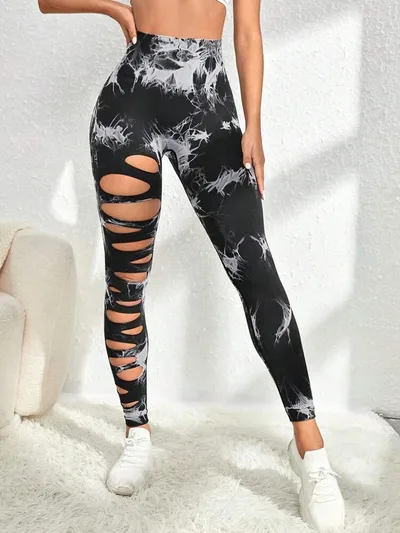 Hollow Tie dye Yoga Pants High Waist Hip Lift Fitness Pants Tie Bleached Black - Shop at LoveMi