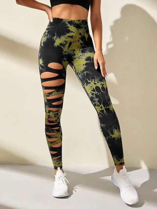 Hollow Tie dye Yoga Pants High Waist Hip Lift Fitness Pants Tie Bleached Green - Shop at LoveMi