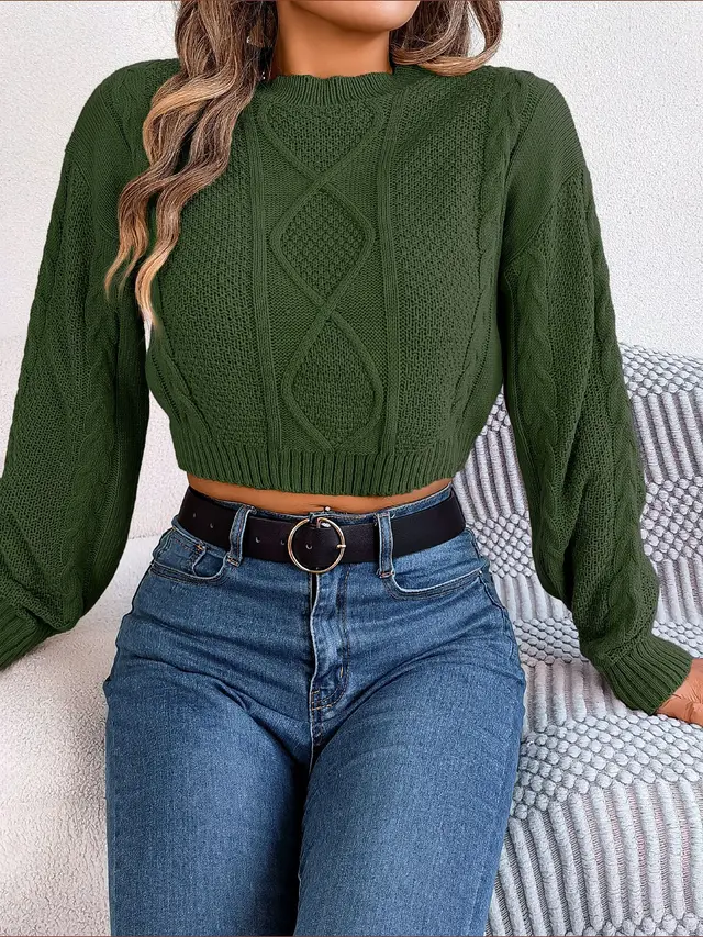 Casual Solid Color Twist Long Sleeve Pullover Midriff baring Sweater Army Green - Shop at LoveMi