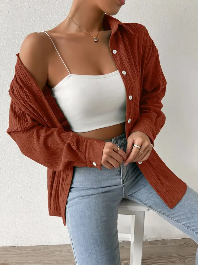 Women's Fashion Polo Collar Long sleeved Shirt Brick Red - Shop at LoveMi