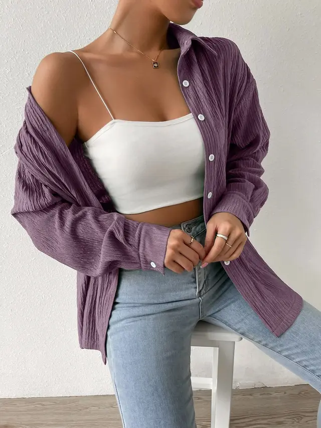 Women's Fashion Polo Collar Long sleeved Shirt Purple - Shop at LoveMi