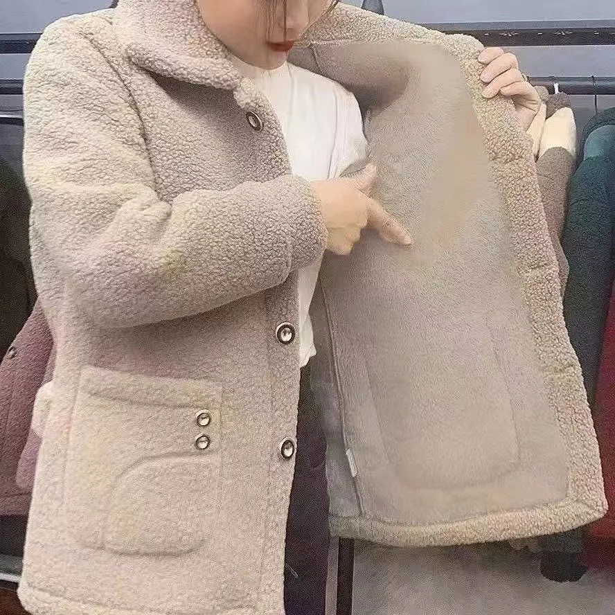 Fleece-lined Thickened Faux Cashmere Mother's Wear Autumn And Winter Mid-length Coat Warm Coat - Camel - View 1
