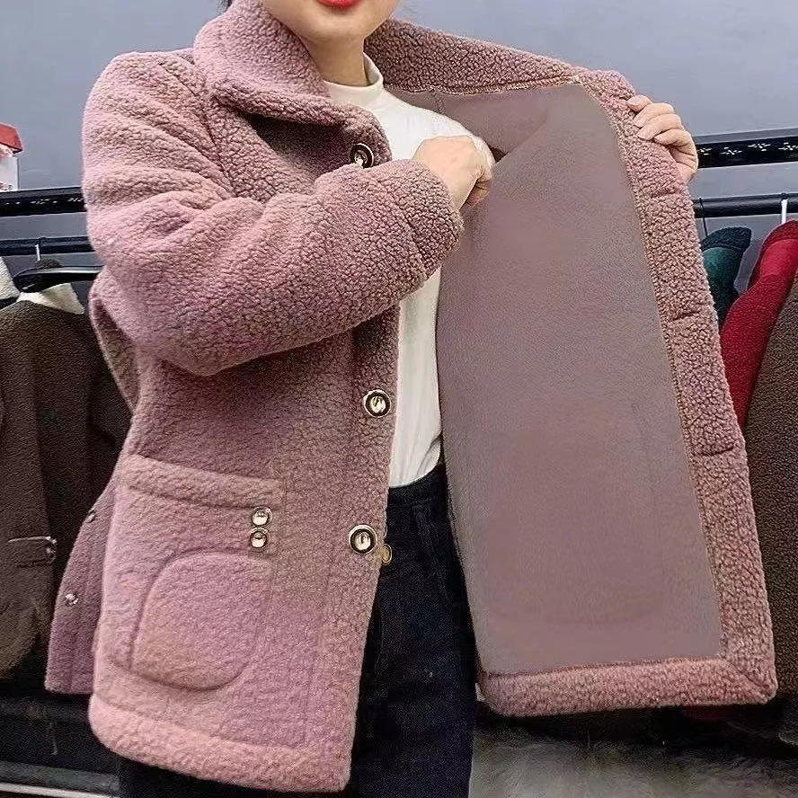 Fleece-lined Thickened Faux Cashmere Mother's Wear Autumn And Winter Mid-length Coat Warm Coat - Cameo Brown