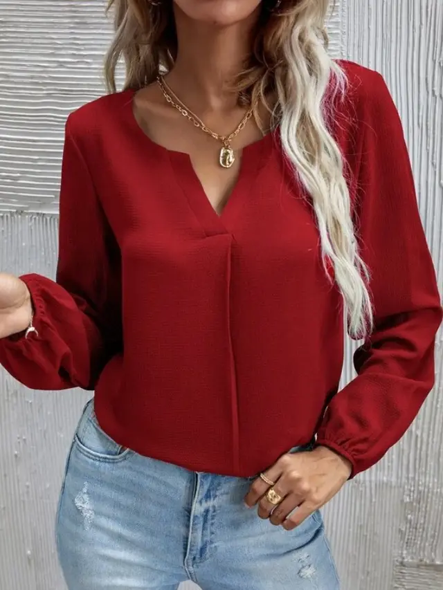 Temperament Commute Solid Color Long Sleeve Bottoming Shirt Red - Shop at LoveMi