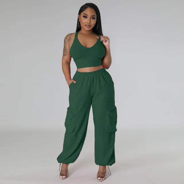 Sleeveless Vest Pocket Wide Leg Pants Casual Women's Two piece Suit Dark Green - Shop at LoveMi