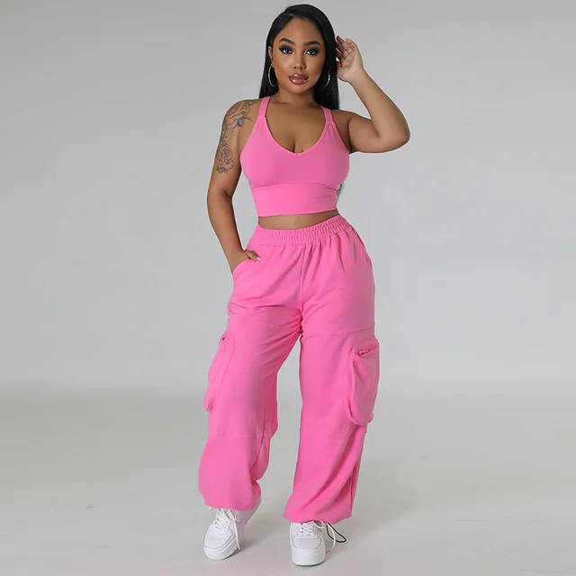 Sleeveless Vest Pocket Wide Leg Pants Casual Women's Two piece Suit Pink - Shop at LoveMi