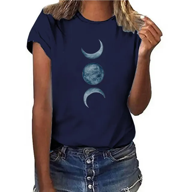 European And American Moon Print Crew Neck Casual T shirt Navy Blue - Shop at LoveMi