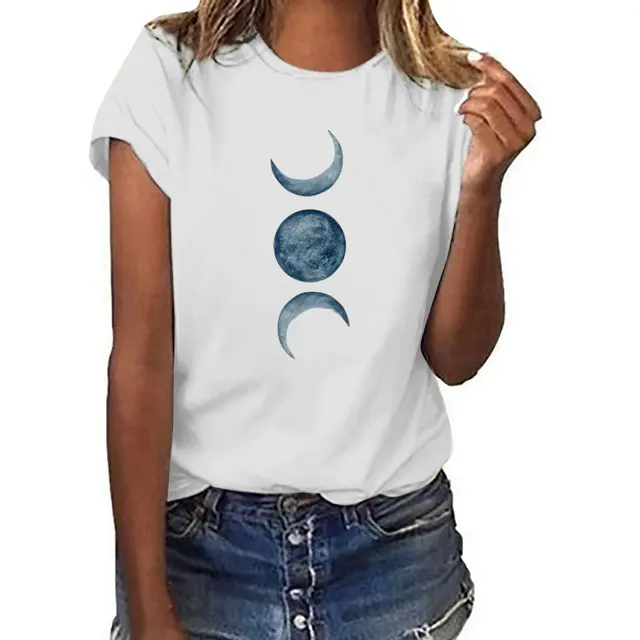 European And American Moon Print Crew Neck Casual T shirt White - Shop at LoveMi