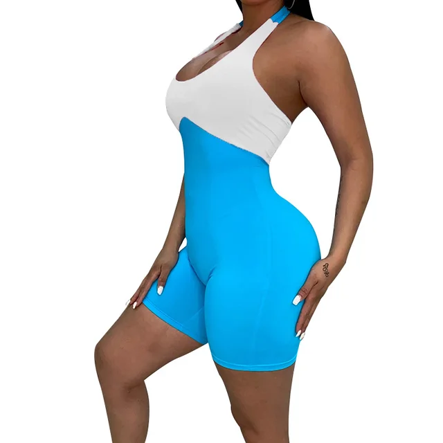 Women's Contrast Color Halter One piece Shorts Blue - Shop at LoveMi