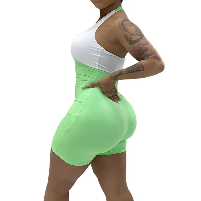 Women's Contrast Color Halter One piece Shorts Green - Shop at LoveMi