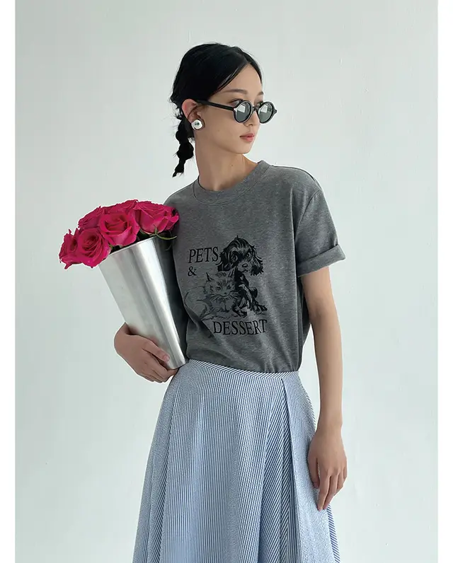 Two color Double Yarn Plain Cotton Vintage Animal Pattern Letter Short Sleeve Gray - Shop at LoveMi