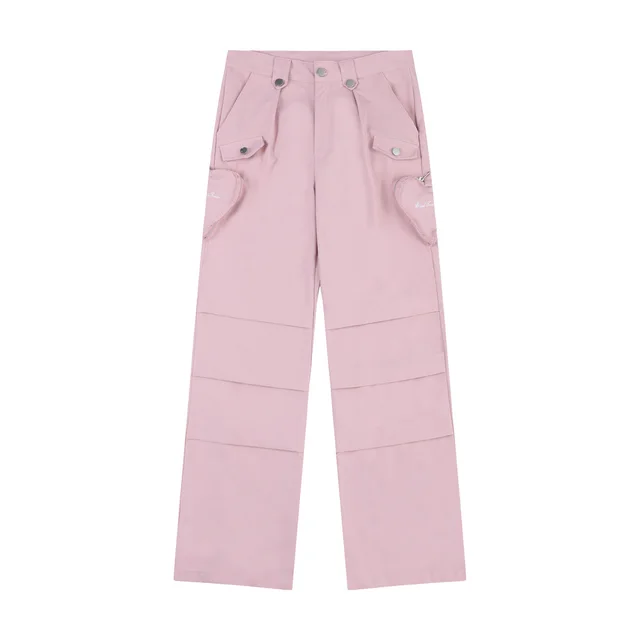 High Street Niche Pleated Three dimensional Zipper Pocket Loose fitting Wide leg Trousers Pink - Shop at LoveMi