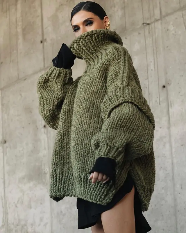 Knitwear Pullover Women's Fluffy Long Sleeve Turtleneck Sweater Army Green - Shop at LoveMi