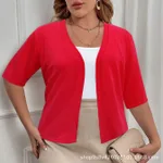 Solid Colour Half Sleeve Cardigan Spring Women's White Top Casual Coat Women's Clothing - Red