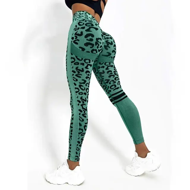 Chemical Fiber Blend Leopard Print Yoga High Waist Tights Fashion Sports Seamless Trousers Fitness Pants Green - Shop at LoveMi