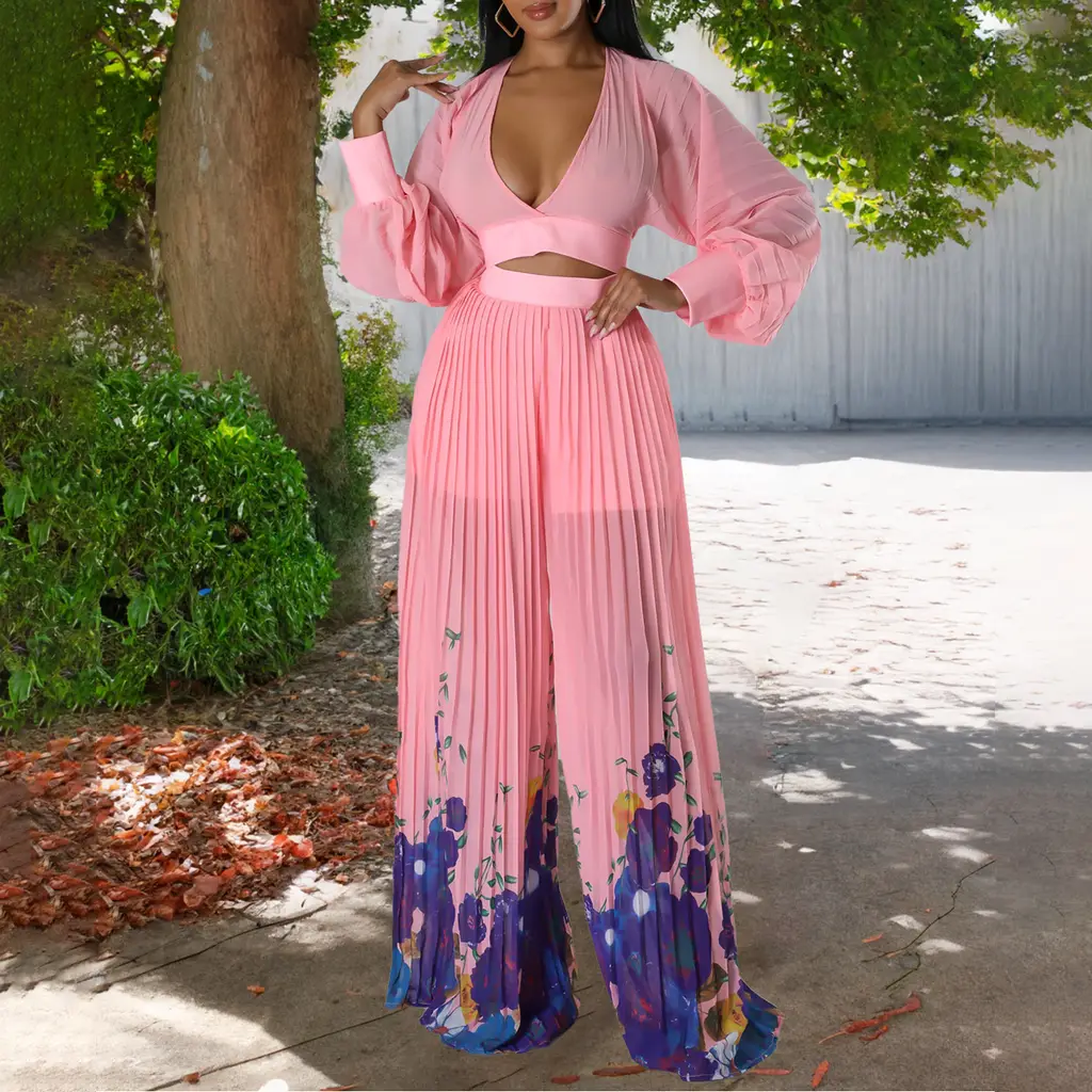 Women's Fashionable Elegant Chiffon V-neck Pleated Top Printed Wide-leg Pants Suit - Pink