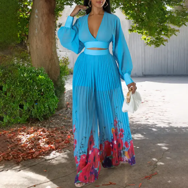 Women's Fashionable Elegant Chiffon V neck Pleated Top Printed Wide leg Pants Suit Sky Blue - Shop at LoveMi