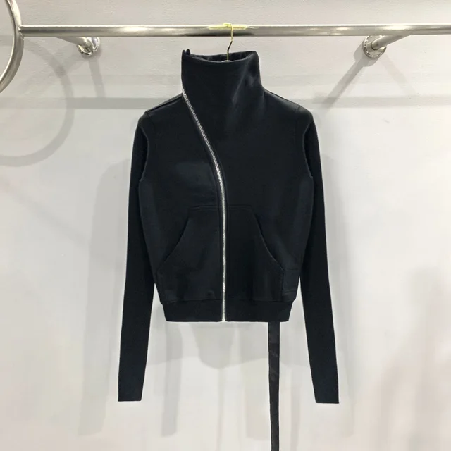 Women's Dark Style Oblique Zipper Turtleneck Cotton Brushed Sweater Coat Black - Shop at LoveMi