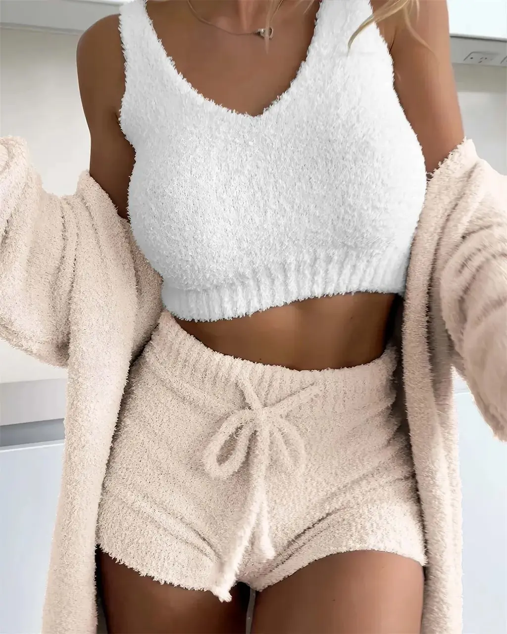 Thermal Three-piece Fluff Coat Spaghetti Strap Short Top Shorts Suit - Apricot