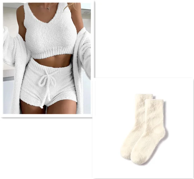 Thermal Three piece Fluff Coat Spaghetti Strap Short Top Shorts Suit White Set - Shop at LoveMi