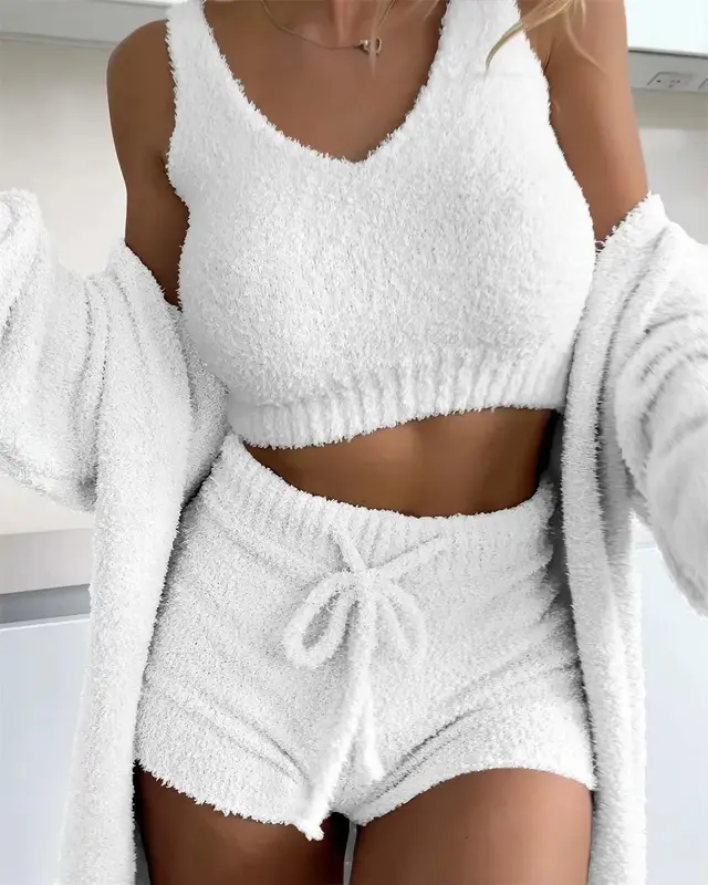 Thermal Three piece Fluff Coat Spaghetti Strap Short Top Shorts Suit White - Shop at LoveMi