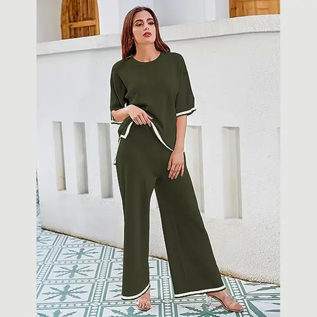 New Knitting Suit Sweater Suit Short Sleeve Pullover Wide Leg Pants Army Green - Shop at LoveMi