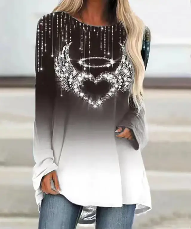 Autumn Women's Loose Round Neck Heart Printing Long Sleeve T shirt Gray - Shop at LoveMi